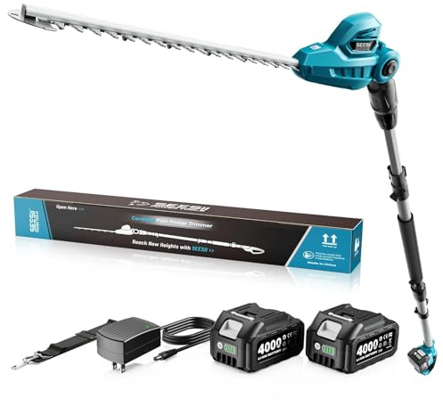 SEESII 20V Pole Hedge Trimmer Cordless, 16 Electric Hedge Trimmer with Extension Pole, 8.5 FT Telescopic Pole with Shoulder Strap, 2 Packs 4.0Ah Batteries & Charger, Long Reach Bush Shrub Trimmer