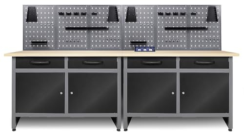Ondis24 Werkstatt Set Werkstatteinrichtung Werner 240 cm – 2 Werkbänke 120×60×85 cm mit 28 mm Buchenplatte, 6 Lochwände, 22tlg. Haken-Set, abschließbare Türen & Schubladen, höhen