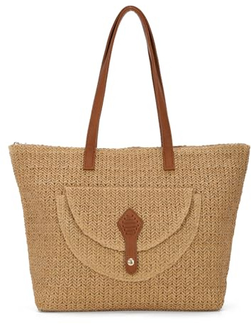 EVEOUT Sac Cabas Tissé en Faux Raphia Femme été Léger Boho Chic Sac Fourre-Tout Paille Tressé pour Plage Vacances
