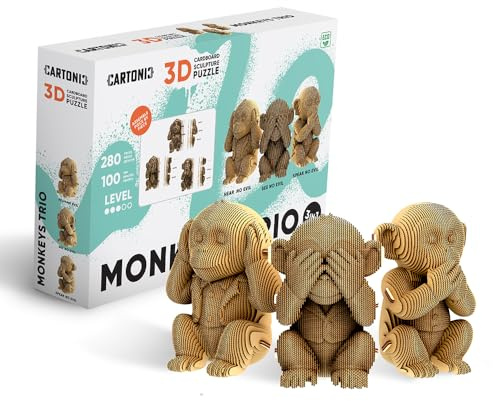 CARTONIC Affen Trio 3D-Puzzle aus Karton – Bausatz 3 Modelle | 280 Teile, Bastelset aus recycelter Pappe zum Zusammenstecken & Bemalen – für Jugendliche & Erwachsene, Geschenkidee