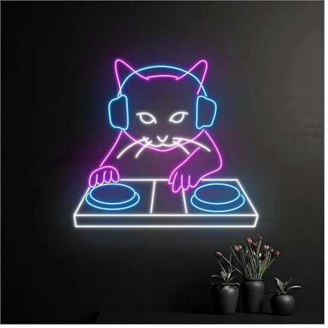 SHENHUO Lampe Néon Décoration lumineuse néon Chat DJ pour enseigne LED 40cmx28cm