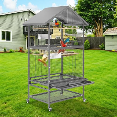 Extra Large Bird Cage with Stand, 167cm Rolling Parrot Cage Aviary for African Grey & Cockatiel, Flight Cage with Roof Top, Storage Shelf, Metal Feeders and Perches, 80x50x167cm