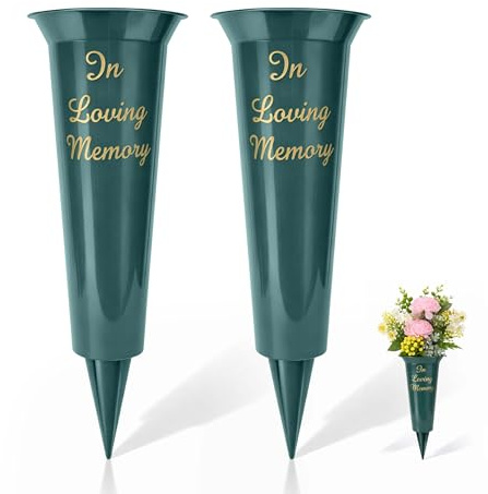 Set of 2 Grave Vases with Spike – Memorial Flower Pots for Graves, Plastic Cemetery Flower Holders, Large Vase for Graveside Flowers, Memorial Vases for Graves (Ilm Green)