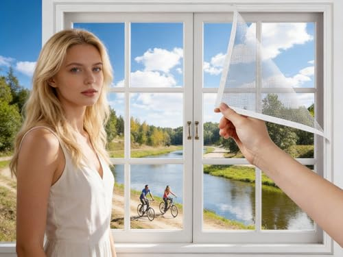 Self-Adhesive Fiberglass Window Screen Mesh, No-Tools Easy Install Window Netting for Insects & Cats, Mosquito Fly Bug Net for Windows, Cat Window Protector (1pc 100cm*150cm)