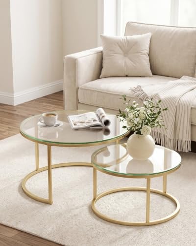 Amveya Juego de 2 Mesa Centro Salon Moderna con Cristal Transparente y Estructura Dorada Mesa de Centro Redonda Mesas Auxiliares Salón para Sofá, Coffee Table Interior y Exterior,80+60cm