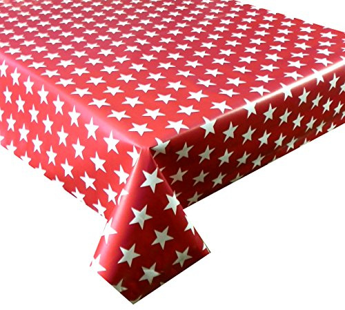 Vinyl PVC Tablecloth Red with White Stars 2 metres (200x137cm) 6 Seater Size Rectangle Table, Wipe Clean, Textile Backed Plastic Table Cloth (112)