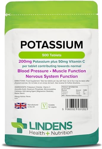Lindens - Potassium 200mg, 500 Tablets - with 50mg Vitamin C Per Tablet - UK Made - Contributing to Normal Blood Pressure, Muscle and Nervous System Function - Letterbox Friendly, Vegan