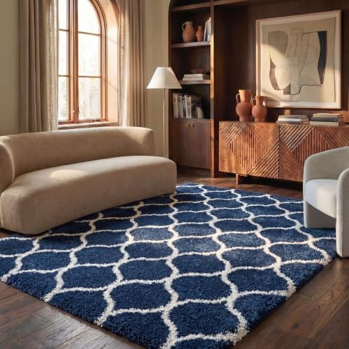 SAFAVIEH Hudson Shag Collection Area Rug - 6' x 9', Navy & Ivory, Moroccan Ogee Trellis Design, Non-Shedding & Easy Care, 2-inch Thick Ideal for High Traffic Areas in Living Room, Bedroom (SGH280C)
