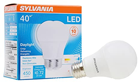 Sylvania LED Light Bulb, 40W Equivalent A19, Efficient 6W, Medium Base, Frosted Finish, 450 Lumens, Daylight - 2 Pack (74081)