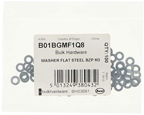 Merriway BH03681 (100 Pcs) M3 (1/8 Inch) Bright Zinc Plated Steel Flat Washer - Pack of 100 Pieces