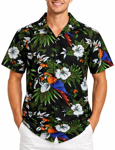 King Kameha Hawaii Hemd Männer - Tropisches Hawaiihemd Herren Kurzarm mit Papagei Print, Ideal für Urlaub, Festival & Strand