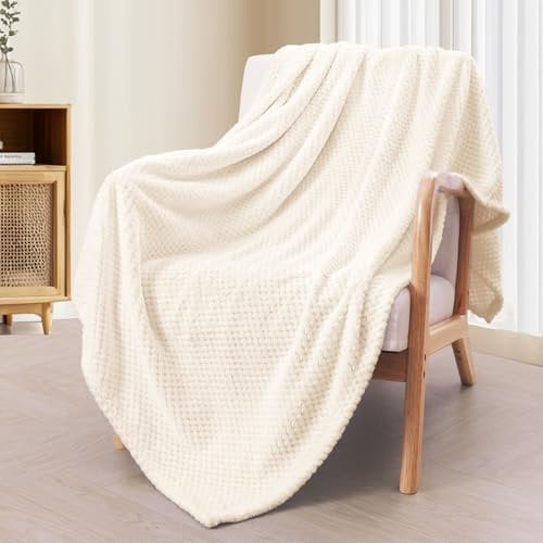 Exclusivo Mezcla Extra Large Fleece Throw Blanket, 127x178 CM Soft Jacquard Weave Waffle Pattern Throws for Sofa Settees, Off White