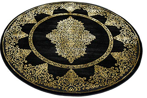 Teppich Wohnzimmer Kurzflor Teppich Ornamente schwarz Gold Größe 160 cm Rund