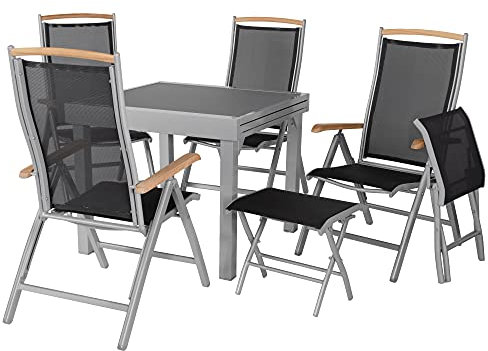 ib style® Diplomat Quadro Plata Mate Mesa Extensible 90-180 cm | Anti-Huellas | Juego de Muebles de jardín Premium | Mesa de jardín con Cristal de Seguridad | 4 sillas Plegables + 2 Bancos de pie