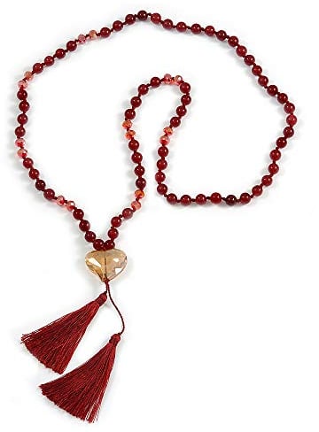 Avalaya Burgundy Red Agate Semiprecious Bead with Glass Heart Pendant/Silk Tassel Long Necklace/80cm L/ 11cm Tassel
