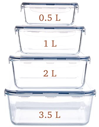 HUSANMP Recipientes de cristal para alimentos - 8 pieza (4 envase, 4 tapa) Set de Contenedores de Alimentos, Apto para lavavajilla, microondas, congelador, A Prueba de Fugas, Sin BPA (Rectangular)