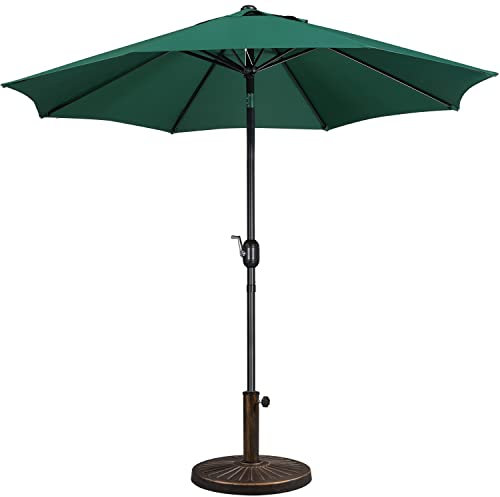 Yaheetech 2.7m Garden Parasol Umbrella Patio Table Umbrella Outdoor Tilting Crank & Handle Parasol with 10kg Resin Base Stand - Dark Green