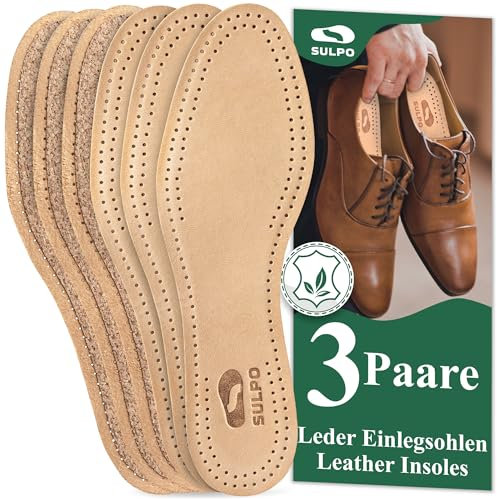 SULPO 3 Paare Einlegesohlen aus pflanzlich gegerbtem Leder - Einlagen mit Naturkork gegen Schweißfüße für Damen und Herren anti Schweiß Geruchsabsorber Sohlen - Kork Einlagen
