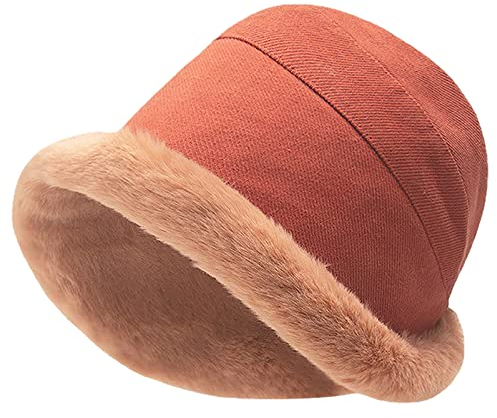 Anopo Damen Winter Flauschig Warm Fischer-Mütze mit Schafwolle Plüsch Kunstpelz Eimer Hut Baumwolle Dickes Windschutzmützen Rostrot