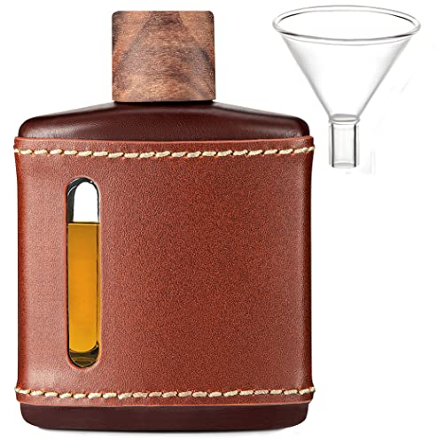 Garybank Handmade Genuine Leather Hip Flasks for Liquor for Men, Fathers Day Flask Gifts Glass Whiskey with Funnel & Wood Lids Leakproof for Hennessy Liquor & Spirits, Premium Gifts Idea(Brown, 200ml)