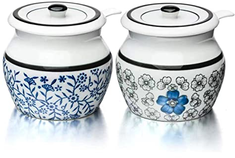 Evannt Ceramic Salt Cellar with Lid and Spoon, Salt and Pepper Bowls Set of 2 Porcelain Condiment Jars Spice Container Salt Spice Seasoning Box (Pattern 1#)
