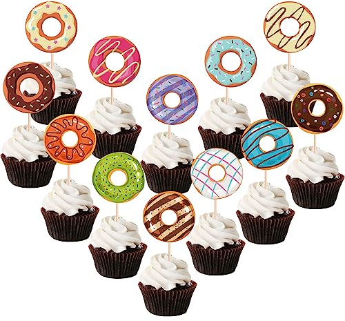 Weenkeey 24 Stück Donut Cupcake Toppers Krapfen Kuchen Topper Picks Donut Geburtstag Tortendeko Mädchen Tortenstecker Deko für Mädchen Geburtstagsdeko