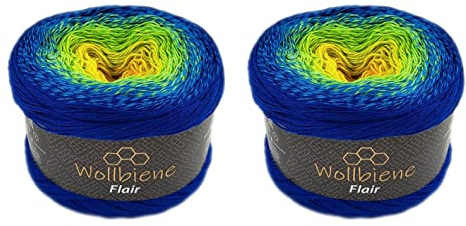 Wollbiene Flair Cotton 2x250g Bobbel Wolle Farbverlauf, 100% Baumwolle, Bobble Strickwolle Mehrfarbig (920 blau grün gelb)