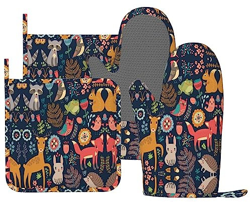 MIFSOIAVV Ofenhandschuhe und Topflappen aus Silikon, Motiv: Wald, Eule, Hirsch, Igel, Fuchs, Küchenhandschuhe, Topflappen, hitzebeständig, 4 Stück, Ofenhandschuhe, Hot Pads für Küche, Backen, Kochen,
