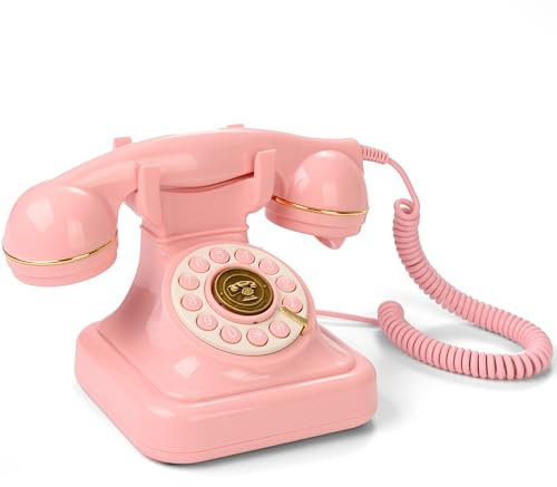 Teléfono fijo retro con cable, clásico botón de esfera de los años 60, con función de remarcación para escuela, hogar, oficina, hotel vintage (rosa)
