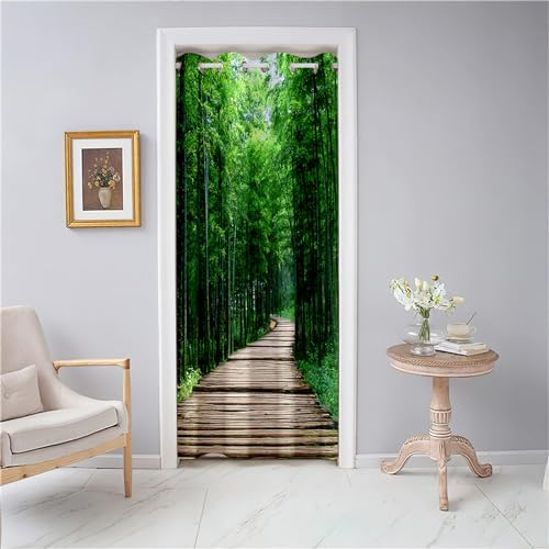 Odot Rideaux de Porte à Oeillets, Motif Feuilles de Bambou Rideau de Porte Interieur Occultant Rideau de Séparation de Pièce Rideau de Porte à Isolation Thermique (120x180cm,Foret de Bambou)