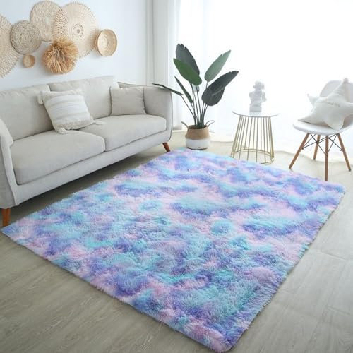 Lifup Hochflor Teppich Wohnzimmer Schlafzimmer, Super Weich Shaggy Teppich Flauschiger, Waschbarer Weiche Teppiche für Wohnkultur Mehrfarbig Blau 100 x 200 cm
