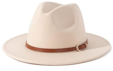 Männer Frauen Filz Top Hüte Fedora Panama Hüte Zylinder Mit Flacher Krempe Damen Französischer Filzhut Warmer Jazzhut Herren M(56-58Cm) Beige Hut + Brauner Gürtel