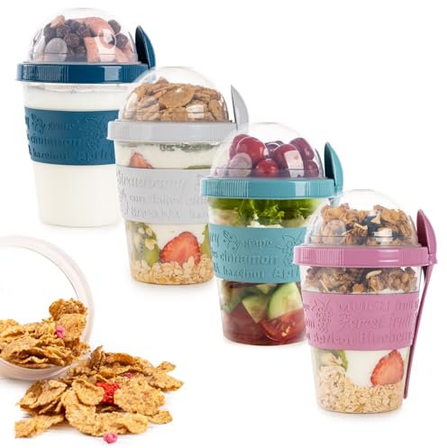 QUASLEQ Lot de 4 tasses à yaourt parfaites avec couvercles et cuillères, récipients à yaourt réutilisables pour les déplacements, gobelets à yaourt portables avec rangement pour garnitures, parfaits