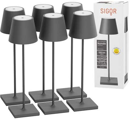 SIGOR Nuindie 2.0 Akku-Tischlampe, 6er-Set, graphitgrau | Dimmbar • Indoor & Outdoor • IP54 • 38 cm • USB-C • 12 h Leuchtdauer