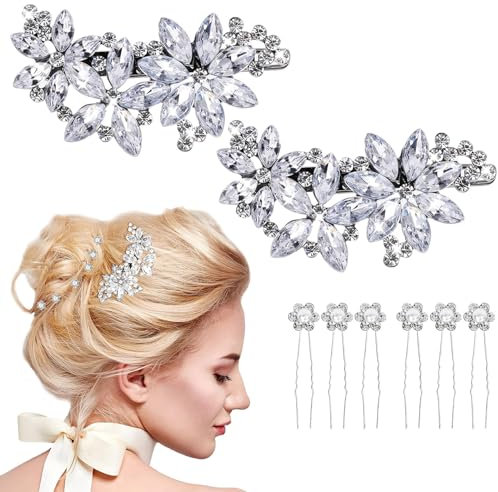 JCUGSBS 2pcs Pinces à Cheveux en Perles de Strass,Épingles à Cheveux De Mariée en Cristal,Barrette à Cheveux en Perles de Scintillantes, Épingle à Cheveux Mariage,avec 6 épingles à cheveux en perles
