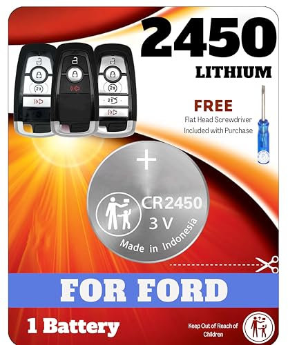 Key Fob Battery for Ford Lincoln Explorer Expedition Fusion Edge Bronco Ranger Mustang (1 Pack) CR2450 Remote Key Battery Replacement with Screwdriver (M3N-A2C931426, HC3T15K601AB) Check Fitment Guide