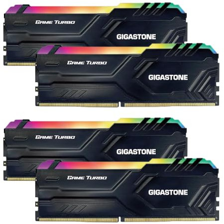 【RGB DDR4 RAM】 GIGASTONE Game Turbo 32Go Kit(4x8Go) DDR4 3200MHz PC4-25600 CL16-18-18-40 Intel XMP 2.0 AMD Ryzen 1.35V UDIMM 288pin UnbuffeRouge Non ECC Mémoire Haute Performance pour PC Bureau-Noir