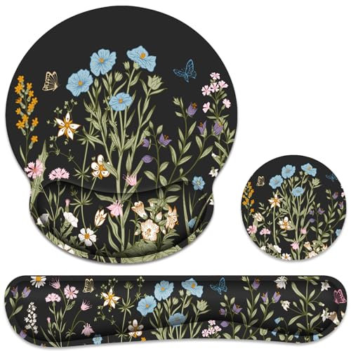 Ergonomic Mouse Pad with Wrist Rest and Keyboard Wrist Rest, Memory Foam Wrist Rest for Computer Keyboard, Easy Typing, Pain Relief, Black Mouse Pad Wrist Support for Gaming,Office, Laptop, Floral