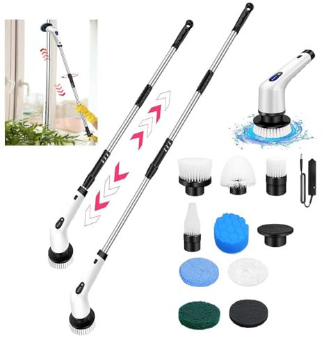 Electric Spin Scrubber Cordless Rechargeable, 2 Speeds Electric Cleaning Brush with 9 Replaceable Brush Heads and Extension Handle, Power Scrubber for Bathroom/Kitchen/Car/Tub and Floor Tile