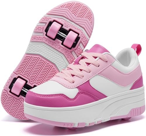 ANEFUN Ragazzi Ragazze Scarpe con Ruote Pattini Pattinaggio Bambini Pattini a Rotella Scarpe con 4 Ruote Rimovibili Comfort Sport Outdoor per Bambini, rosa/bianco, 36 EU