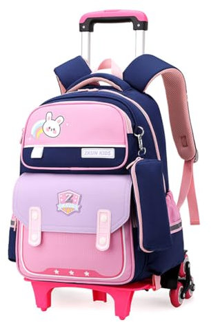 Voici et Voila Rucksack mit Rollen Mädchen Kinder Trolley Rucksack Schulrucksack Schultasche mit Rollen Teens Schulranzen Mädchen 6-10 Jahre Kaninchen