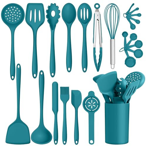 Kitchen Utensils Set, Homikit 24 Piece Silicone Cooking Utensils Set with Holder, Non-Stick Spatula Spoons Turners Safe for Cookware, Healthy, Heat Resistant & Dishwasher Safe - Dark Blue