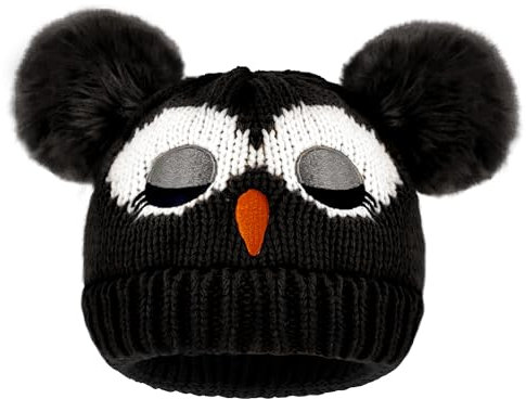 YMIFEEY Wintermütze Kinder Mütze Mädchen Jungen, Eule Kindermütze Winter Strickmütze mit mit Bommel, Winter Warme Beanie Hut Babymütze Bommelmütze für Kinder 3-8 Jahre (Schawarz)