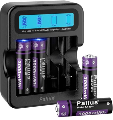 Pallus AA Rechargeable Lithium Batteries 1.5V 3000mWh with LCD Smart Charger, 4 Pack Fast Charging High Capacity Li-ion AA Battery, Type-C Input for Xbox X Controller, Bilink Doorbell, Cameras