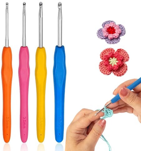 4 Stück Häkelnadel Set 2.5mm 3.0mm 3.5mm 4.0mm Häkelnadel Ergonomische Stricknadeln Komfortgriff Häkelnadel Bunte Äkelnadeln mit Weichem Kieselgel Griff für Handschuhen Taschen Hüten Socken