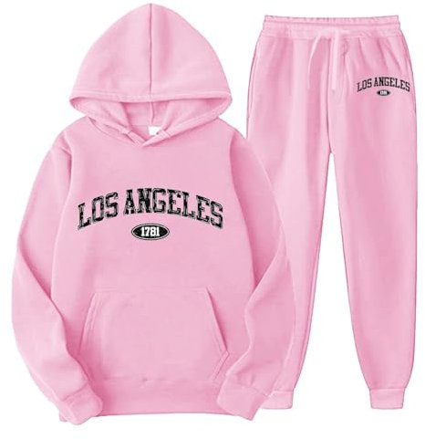 WAZHAKU Survêtement long pour homme - Survêtement de sport surdimensionné - 2 pièces - Sweatshirt + pantalon de jogging avec motif Los Angeles - Lettres créatives, Rose, L