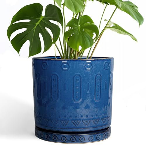 Eightpot 25,4 cm großer Blumentopf – Keramik-Pflanzgefäß für den Außenbereich, mit Drainagelöchern und Untersetzer, großer Blumentopf, rund, dekorativer Übertopf für Garten, Terrasse, Dekoration, Blau