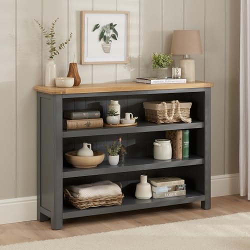 The Furniture Market Marbury Slate Grey Painted | Wide Low Large Bookcase | Fully Assembled | 3 Open Shelves | Adjustable Height | Rounded Corners | Country Style | H 970 x W 1350 x D 340mm
