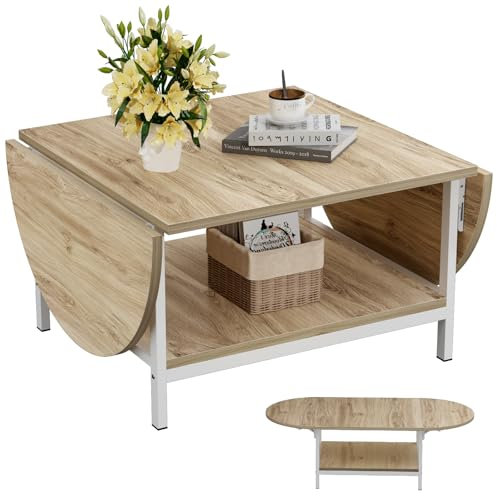 SAYGOER Modern Coffee Table White Extended Coffee Tables with Storage for Living Room 2-Tier Unique Center Table with Two Foldable Panel for Any Large or Small Space, OAK