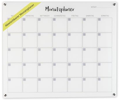 Monatsplaner Acryl - beschreibbar & abwischbar - Wandplaner und Familienplaner mit Abstandshaltern - ideale Haushalts- und Planungstafel für Eltern - Wandkalender – Größe: 60x50 cm – Weiß